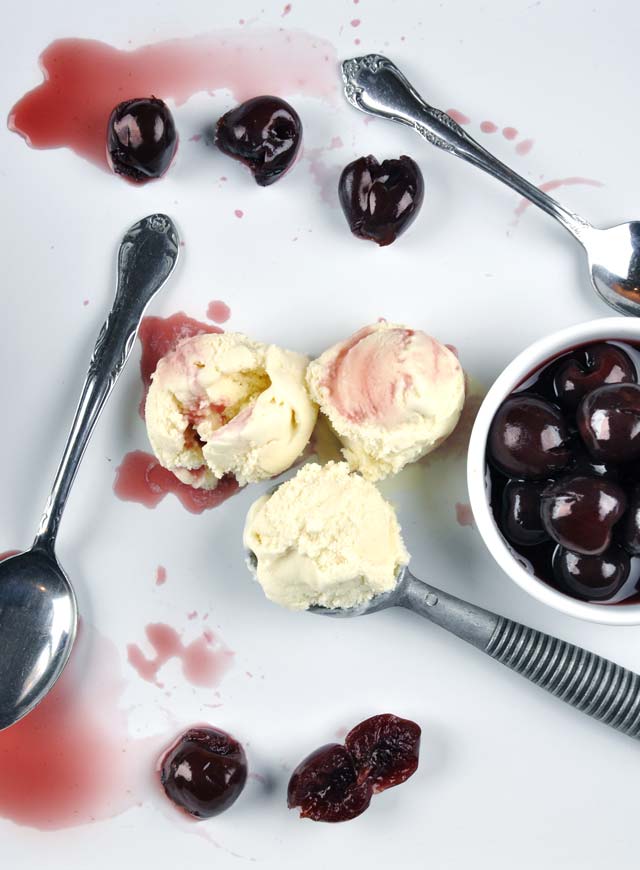 bourbon soaked cherries and vanilla ice cream