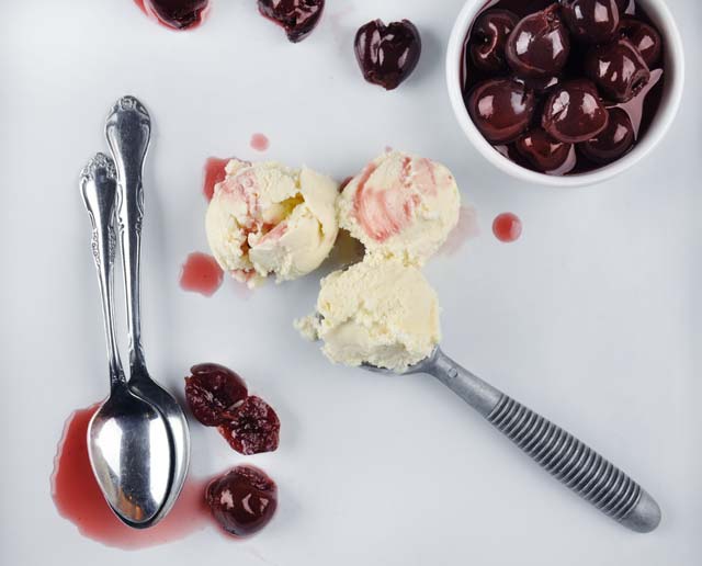 bourbon soaked cherries and vanilla ice cream