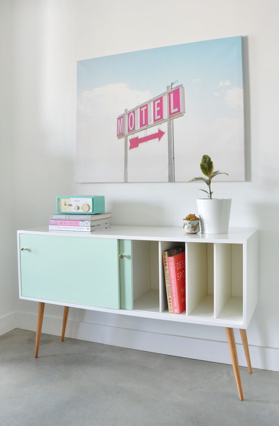 Vintage mid-century modern console before and after